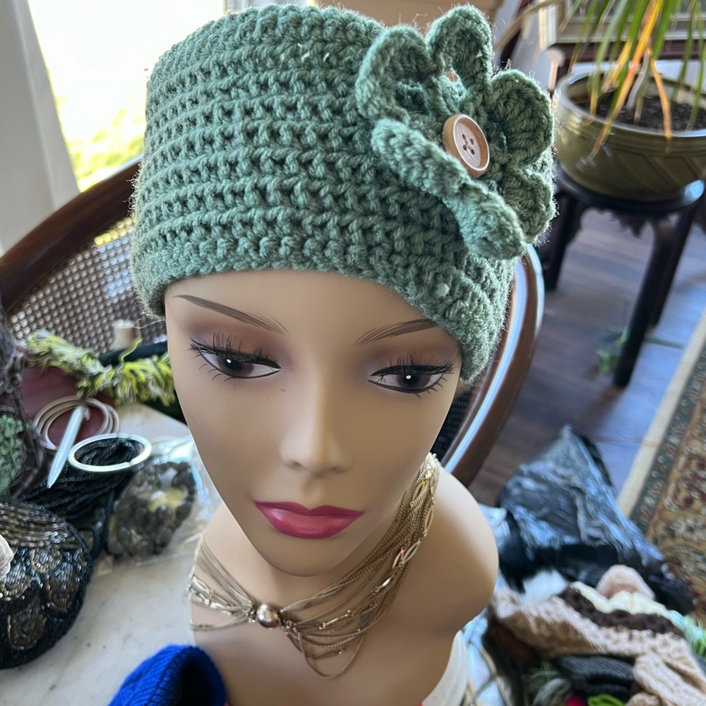 Green Crochet Headband with Flower Accent
